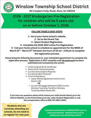 Winslow Twp. School District - PK & K Pre-Registration is Now Open!